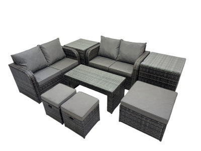Fimous 3 Seater Sofa Reclining Chair Coffee Table Set Rattan Garden Furniture Set With 2 Side Tables 3 Stools Dark Grey Mixed - image 1