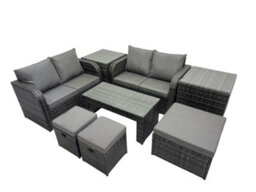 Fimous 3 Seater Sofa Reclining Chair Coffee Table Set Rattan Garden Furniture Set With 2 Side Tables 3 Stools Dark Grey Mixed - thumbnail 1