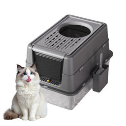 London Boutique Stainless Steel Cat Litter Tray, Enclosed Cat Litter Box, High Sides, Scoop, Grey, 60X40X38.5Cm