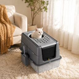 London Boutique Stainless Steel Cat Litter Tray, Enclosed Cat Litter Box, High Sides, Scoop, Grey, 60X40X38.5Cm - thumbnail 4