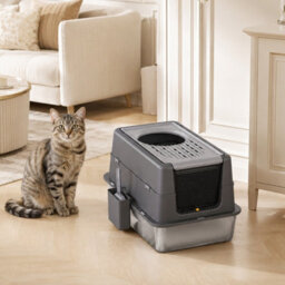 London Boutique Stainless Steel Cat Litter Tray, Enclosed Cat Litter Box, High Sides, Scoop, Grey, 60X40X38.5Cm - thumbnail 6