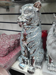 Biznest Xl Crystal Lion King Figurine Silver Glossy Simba Ornament Ceramic Home Decor Freestanding Display Shelf Sitter Sculpture - thumbnail 3