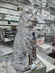Biznest Xl Crystal Lion King Figurine Silver Glossy Simba Ornament Ceramic Home Decor Freestanding Display Shelf Sitter Sculpture