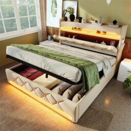 Abrihome Upholstered Bed 150X200 Cm With Led, Usb-C Charging & Hydraulic Storage, Headboard For Cellphones And Tablets, Linen, Beige - thumbnail 1