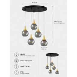 Luminosa Lighting Luminosa Lacrima Cluster Pendant Ceiling Light Black, Gold Smoky Glass Shade 5X E27 - thumbnail 4