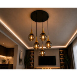 Luminosa Lighting Luminosa Lacrima Cluster Pendant Ceiling Light Black, Gold Smoky Glass Shade 5X E27 - thumbnail 3