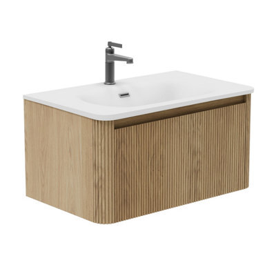 Plum&clay Isla Ribbed Fluted Oak Wood Wall Hung Drawer Vanity Unit & White Basin Set (W)800mm - image 1