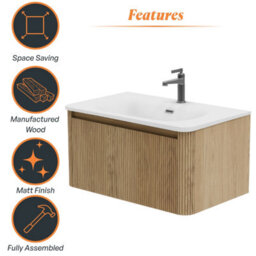 Plum&clay Isla Ribbed Fluted Oak Wood Wall Hung Drawer Vanity Unit & White Basin Set (W)800mm - thumbnail 6