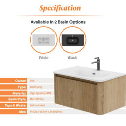 Plum&clay Isla Ribbed Fluted Oak Wood Wall Hung Drawer Vanity Unit & White Basin Set (W)800mm - thumbnail 5