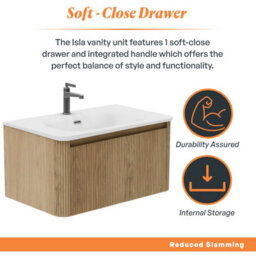 Plum&clay Isla Ribbed Fluted Oak Wood Wall Hung Drawer Vanity Unit & White Basin Set (W)800mm - thumbnail 4