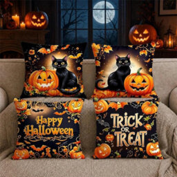 CLEFFNS 4Pcs Pumpkins Throw Pillow Covers, Festive Fanciful Cat Halloween Orange With Hidden Zipper Cushion Covers Pillow For Living Room - thumbnail 1