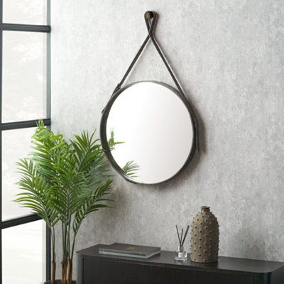 Pacific Lifestyle Round Wall Mirror Brown Leather Strap Frame 60Cm Contemporary - image 1