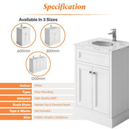Plum&clay Fairmont Traditional White Square Floor Standing Bathroom Vanity Unit With Ceramic Basin & Marble Top (W)600mm - thumbnail 5