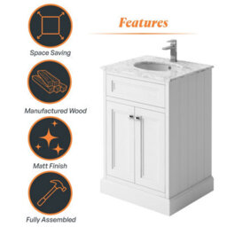 Plum&clay Fairmont Traditional White Square Floor Standing Bathroom Vanity Unit With Ceramic Basin & Marble Top (W)600mm - thumbnail 6