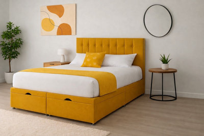 Comfy Deluxe 3Ft Single Mustard Plush Florence Ottoman Lift Open Storage Bed Set Headboard With Mattress