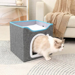 Living And Home Grey Foldable Cat Cave Kitten Igloo Pet Bed With Scratching Pad - thumbnail 2