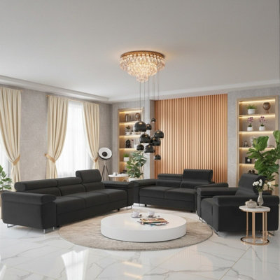 Torezio 3 2 1 Living Room Sofa Set Chipboard Frame Hr Foam Wavy Spring Wooden Frame Adjustable Headrests Black - image 1
