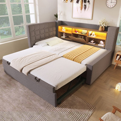 Btm Upholstered Daybed 90 X 190 Cm With Trundle, Usb Charging Station And Storage, Linen Grey - image 1