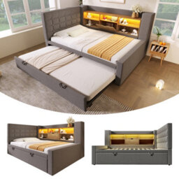 Btm Upholstered Daybed 90 X 190 Cm With Trundle, Usb Charging Station And Storage, Linen Grey - thumbnail 7