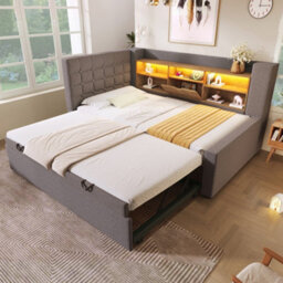 Btm Upholstered Daybed 90 X 190 Cm With Trundle, Usb Charging Station And Storage, Linen Grey - thumbnail 1