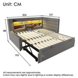 Btm Upholstered Daybed 90 X 190 Cm With Trundle, Usb Charging Station And Storage, Linen Grey - thumbnail 2