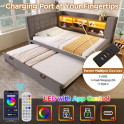 Btm Upholstered Daybed 90 X 190 Cm With Trundle, Usb Charging Station And Storage, Linen Grey - thumbnail 3