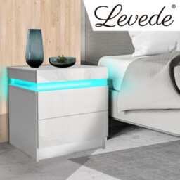 Levede 2 Drawer Bedside Table White High Gloss Rgb Led Nightstand Cabinet - thumbnail 1