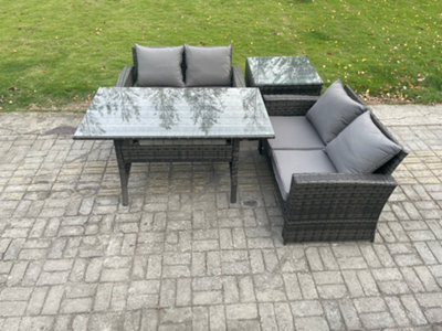 Fimous Dark Grey Pe Wicker Rattan Garden Furniture Set Love Sofa Outdoor Rectangular Dining Table Side Table - image 1
