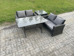 Fimous Dark Grey Pe Wicker Rattan Garden Furniture Set Love Sofa Outdoor Rectangular Dining Table Side Table - thumbnail 2
