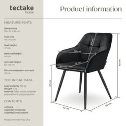 Tectake Set Of 4 Dining Chair Marilyn - Velvet Look, Quilted Pattern  - Black/black - thumbnail 6