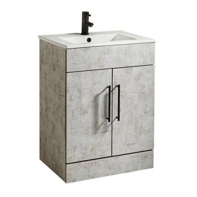 Homestylestore 600mm Concrete Grey Floorstanding Bathroom Vanity Unit And Black T Bar Handle - image 1