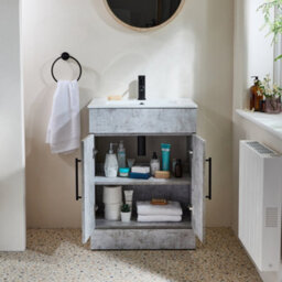 Homestylestore 600mm Concrete Grey Floorstanding Bathroom Vanity Unit And Black T Bar Handle - thumbnail 2