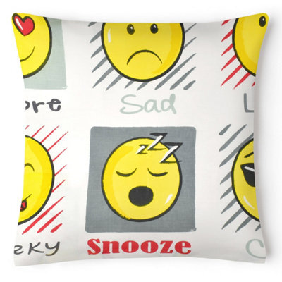 Velosso Fun Emoji Design Polycotton Cushion, Zip Closure, Machine Washable, Durable Sofa Cushion - Quirky Room Decor - White