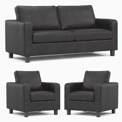 Furnishings For Less UK York Black Faux Leather 3 Piece Sofa Suite 3 Seater And 2 Armchairs - image 1