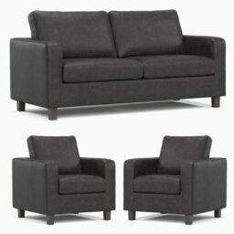 Furnishings For Less UK York Black Faux Leather 3 Piece Sofa Suite 3 Seater And 2 Armchairs - thumbnail 1