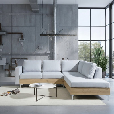 Orlando Wood Corner Sofa Hr Foam Polyurethane Wave Springs Metal Legs Wooden Frame 235X212X85Cm Light Grey And Artisan Right - image 1