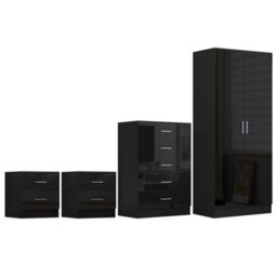 Reflect 2 Door Plain Wardrobe, 5 Drawer Chest, 2X 2 Drawer Bedsides - Black Gloss & Black Oak - Modern Bedroom Furniture Set - thumbnail 6