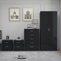 Reflect 2 Door Plain Wardrobe, 5 Drawer Chest, 2X 2 Drawer Bedsides - Black Gloss & Black Oak - Modern Bedroom Furniture Set - thumbnail 3