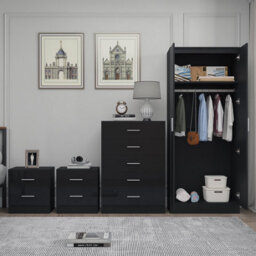 Reflect 2 Door Plain Wardrobe, 5 Drawer Chest, 2X 2 Drawer Bedsides - Black Gloss & Black Oak - Modern Bedroom Furniture Set - thumbnail 4