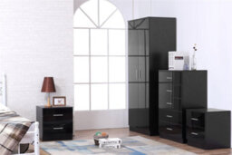 Reflect 2 Door Plain Wardrobe, 5 Drawer Chest, 2X 2 Drawer Bedsides - Black Gloss & Black Oak - Modern Bedroom Furniture Set