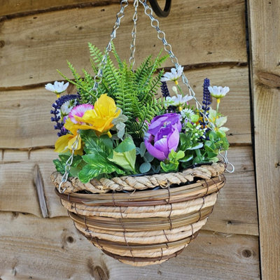 Best Artificial 45Cm / 18Inch Yellow Daffodil Tulip Daisy Mixed Flower Display In Decorative Hanging Basket (Fern Centre) - image 1