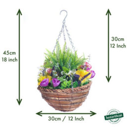 Best Artificial 45Cm / 18Inch Yellow Daffodil Tulip Daisy Mixed Flower Display In Decorative Hanging Basket (Fern Centre) - thumbnail 3