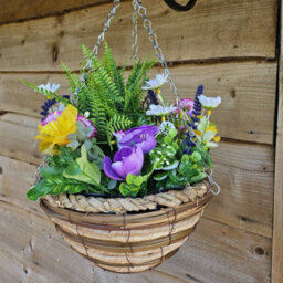 Best Artificial 45Cm / 18Inch Yellow Daffodil Tulip Daisy Mixed Flower Display In Decorative Hanging Basket (Fern Centre) - thumbnail 6