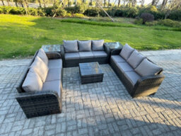 Fimous Rattan Outdoor Furniture Set Patio Garden Sofa Set With 2 Side Table Square Coffee Table Dark Grey Mixed - thumbnail 2