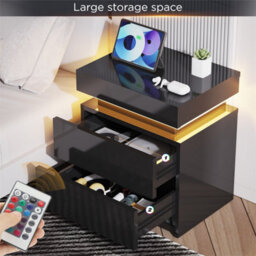 Black 2 Drawer Bedside Table Cabinet Led Light Storage - thumbnail 4