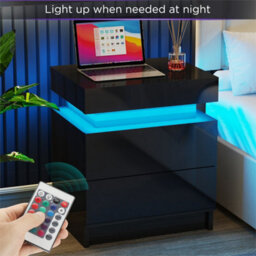 Black 2 Drawer Bedside Table Cabinet Led Light Storage - thumbnail 5