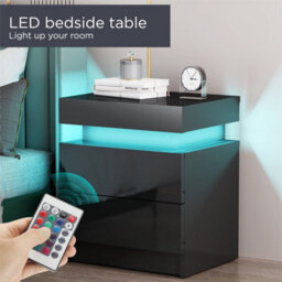 Black 2 Drawer Bedside Table Cabinet Led Light Storage - thumbnail 1