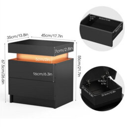 Black 2 Drawer Bedside Table Cabinet Led Light Storage - thumbnail 2