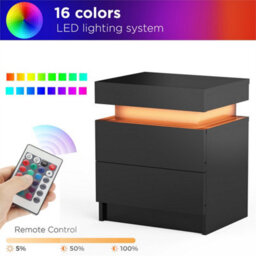 Black 2 Drawer Bedside Table Cabinet Led Light Storage - thumbnail 3