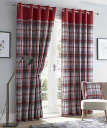 "Portfolio Home Orleans Tartan Check Fully Lined Eyelet Curtains Ring Top Red 66X72"""